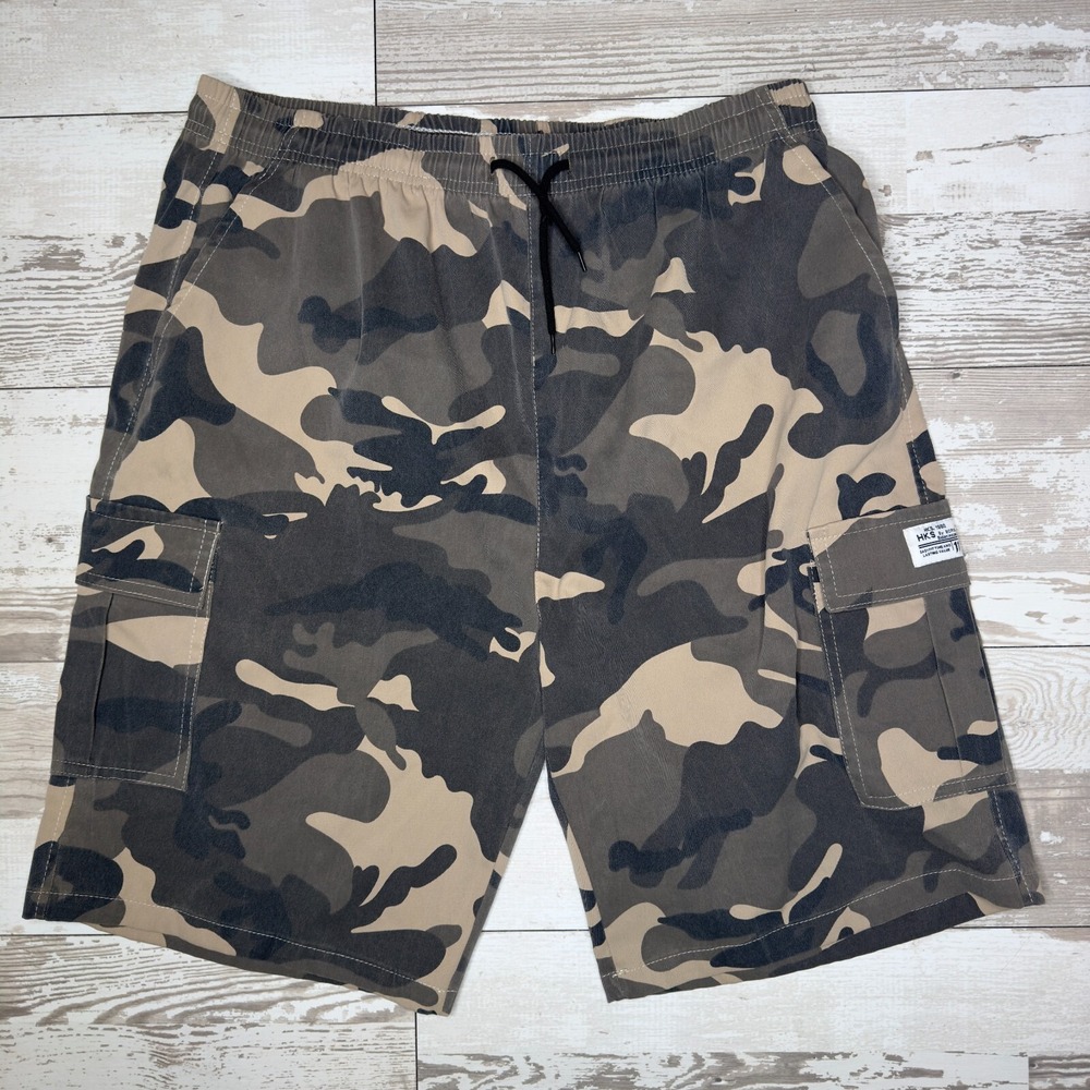 HKS Boris Bidan Insaeri Shorts Mens 3XL Brown Camo Cargo 9" Inseam Elastic Waist